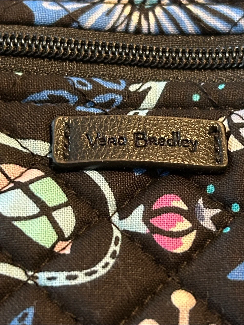 Vera Bradley Black Quilted Crossbody with Blue, Pink & Cream Floral Pattern